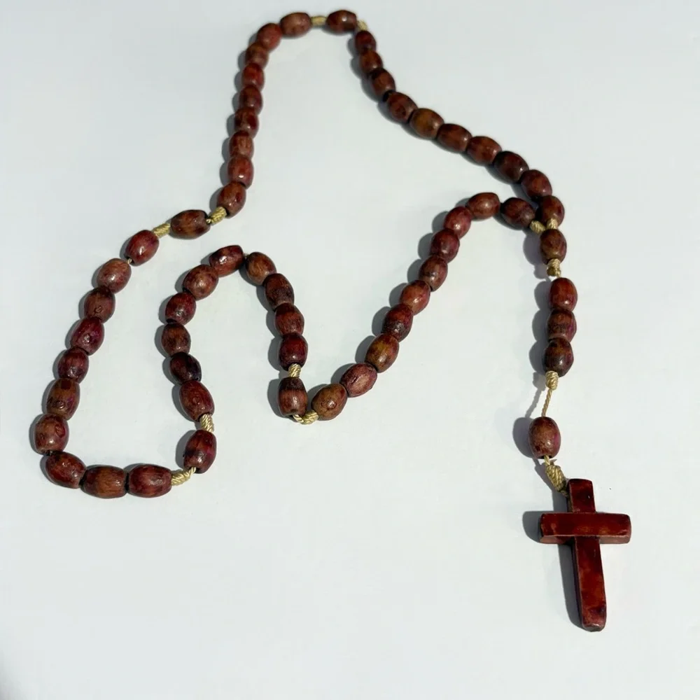 Wood Rosary Prayer Beads Handmade Necklace Catholic Crucifix Religious